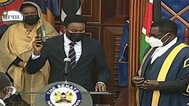 Photo of Brave Haji sworn in as Garissa senator after being elected unopposed.